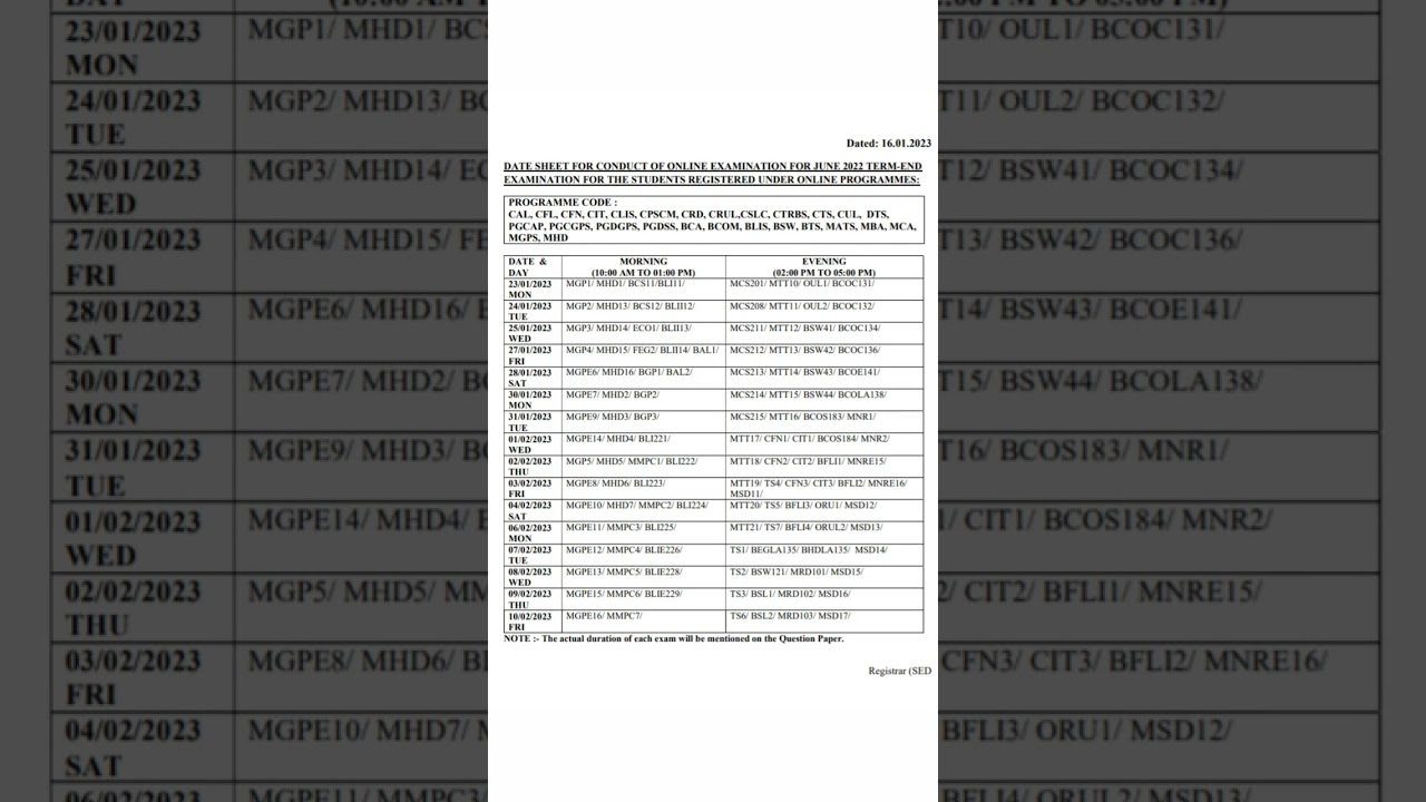 Ignou Date sheet for online programmes 2023