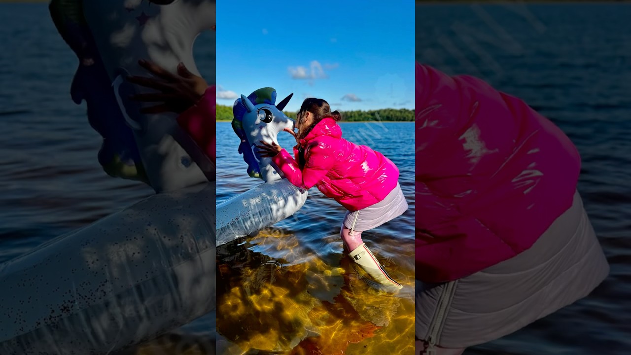 Beauty girl clothed swim soaked wet inflatable 🦄 shiny nylon puffer wetlook pantyhose Hunter boots