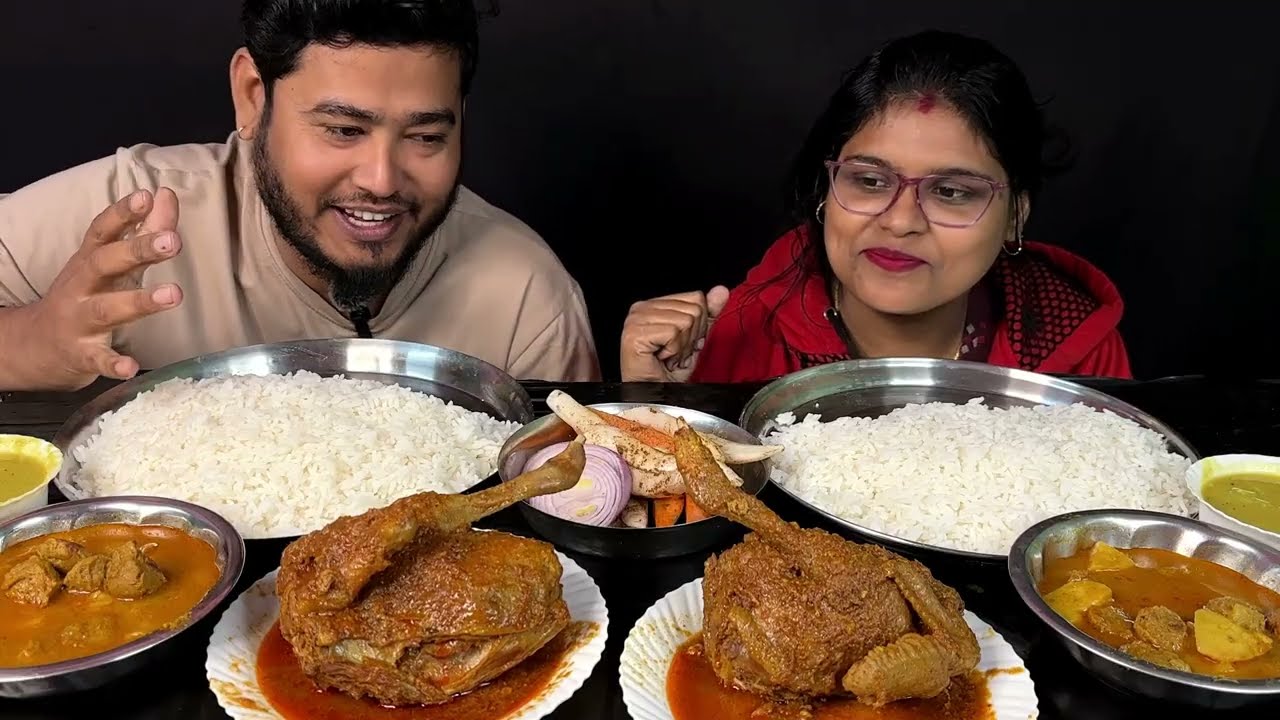 whole chicken curry, soyabean curry, dal rice eating challenge