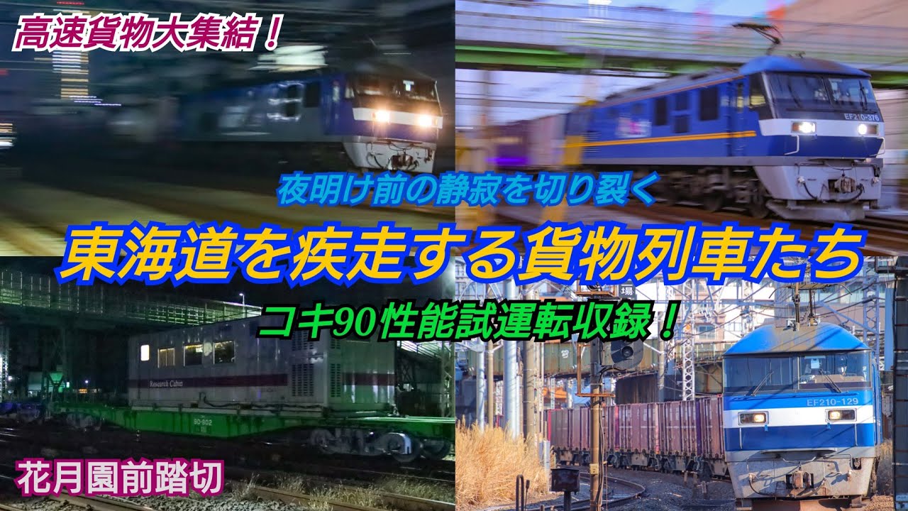 【貨物列車】【コキ90】【M250 スーパーレールカーゴ】高速貨物大集結！ 夜明け前の静寂を切り裂く 東海道を疾走する貨物列車たち 2026年1月16日 花月園前踏切