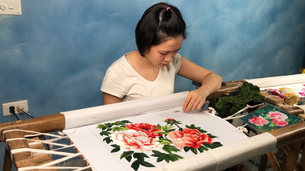 Ручная вышивка - Цветок пиона - ThuongEmbroidery