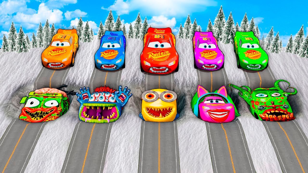 Mega pits with McQueen and Friends Mcqueen Vs Big & Small Lightning McQueen! BeamNG Drive Battle!