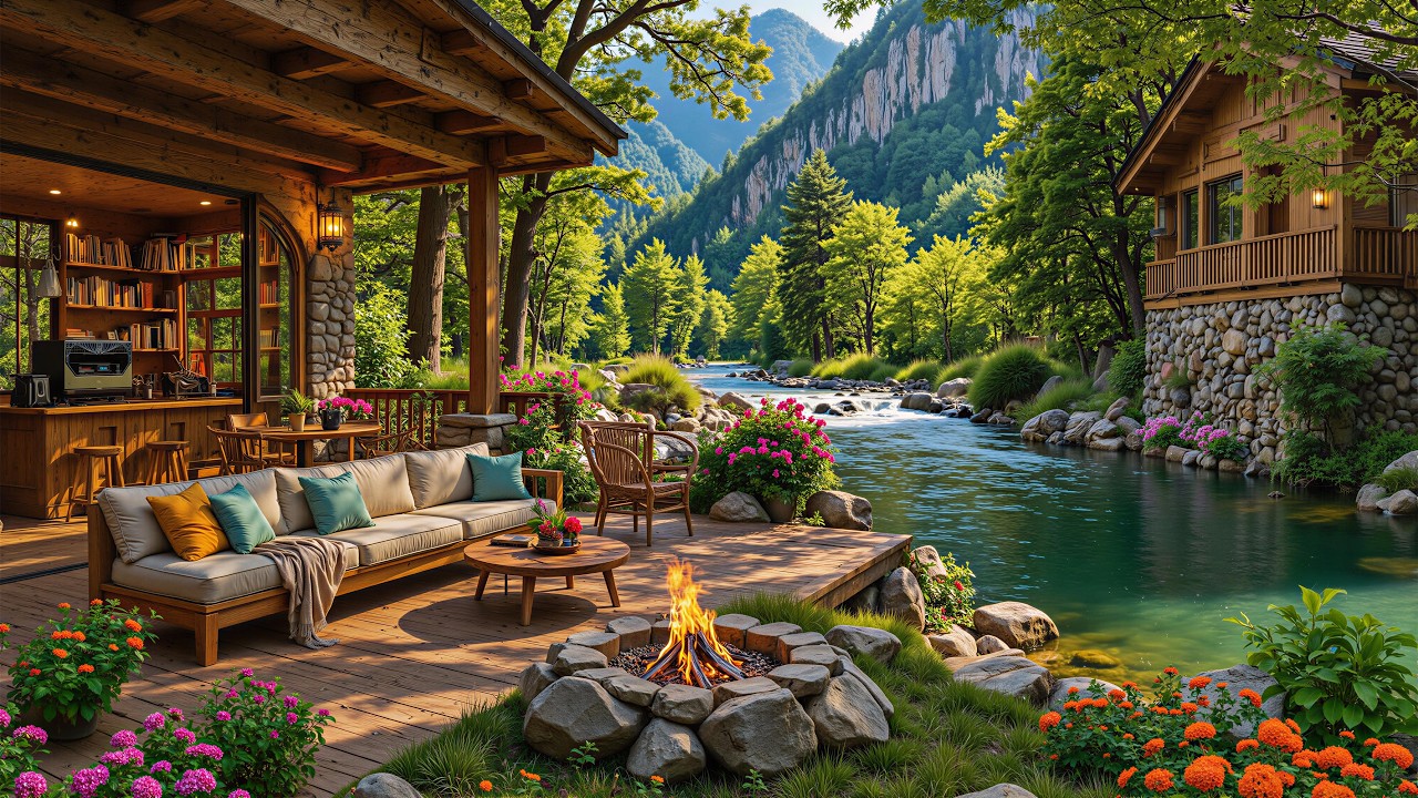 Soothing Piano Music Riverside Porch in Woods 🌺🔥 Crackling Fire Pit & Birdsounds to Study, Work