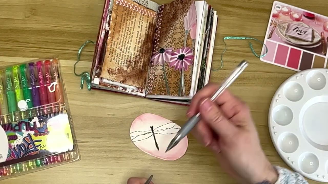 Art journal spread 1 - dragonfly and flowers