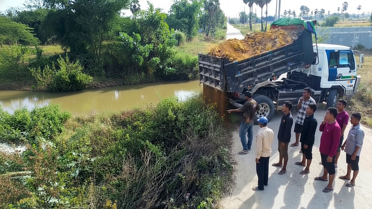 First Start New Project ! Be Watchful Bulldozer KOMATSU Landfill Deleted Canal Building Road & Truck