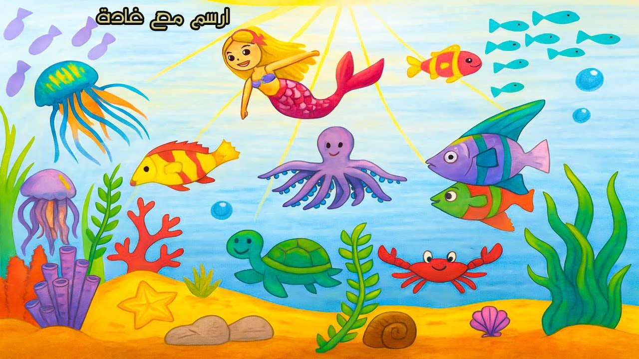 كيف ترسم أعماق البحار والشعب المرجانية والأسماك والاخطابوط البحري|A drawing of the depths of the sea