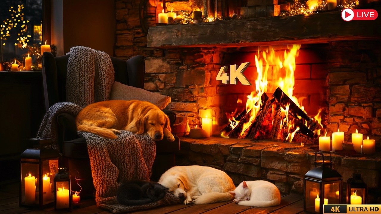 Cozy Fireplace 🔥 Sleeping Dogs & Cats 🐶🐱 | 4K Relaxing Fire Sounds for Sleep & Study