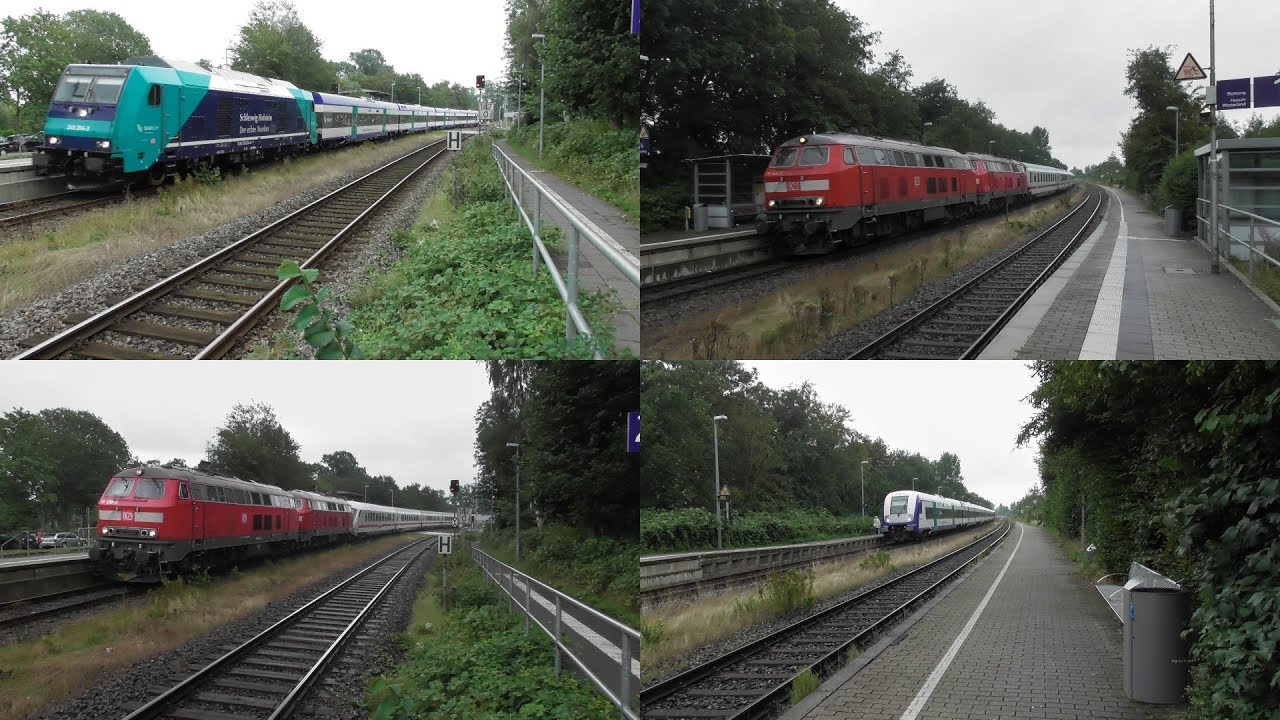 Bahnverkehr in Friedrichstadt mit Br 218 am Intercity und Br 245 Blau und Rot am Regionalexpress