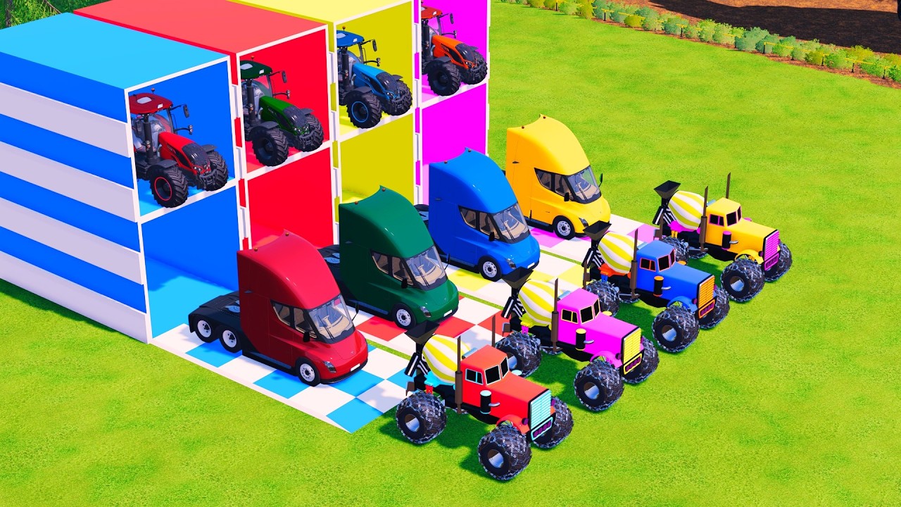 Transport with Colors - ALL MIXER TRUCK WITH DOUBLE FLATBED TRAILER TRUCK & TRACTOR! FS22 #121