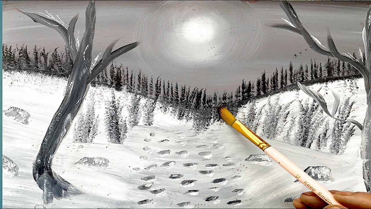 Full moon/easy trees in snow fall painting