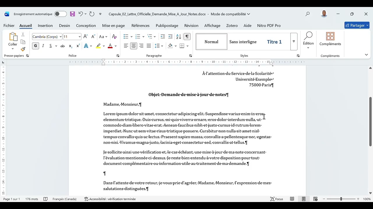 Capsule 1 — Word : Alignement, Retours à la ligne & Indentation (Lettre officielle)