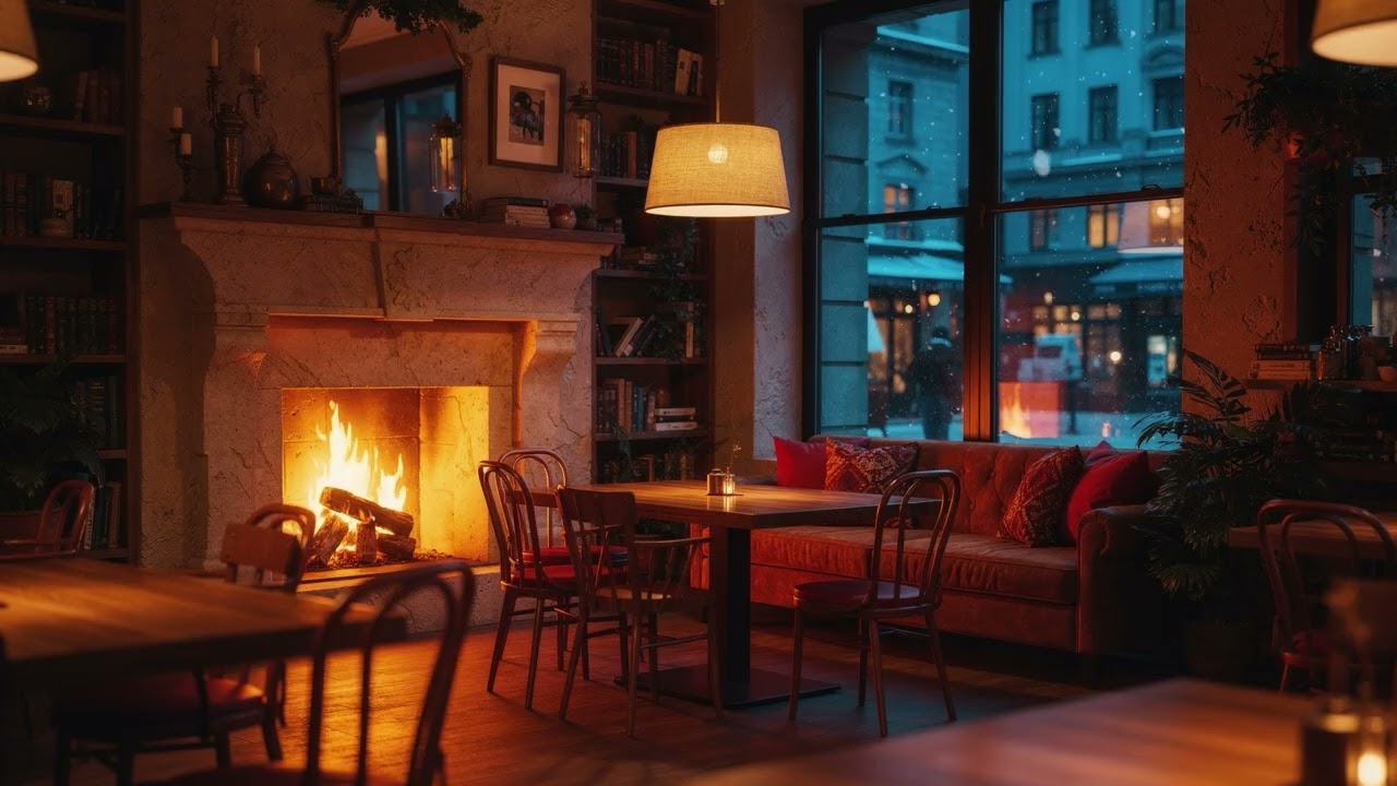 Coffee Shop Window Seat After Midnight With Snow Drifting Outside, Jazz for Focus ❄️