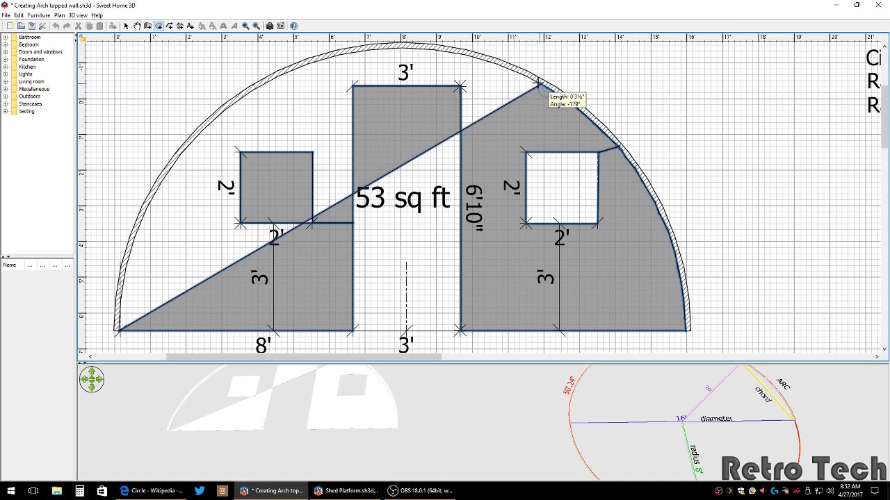 Creating Arch Topped Wall Sweethome 3D Ver. 5.4
