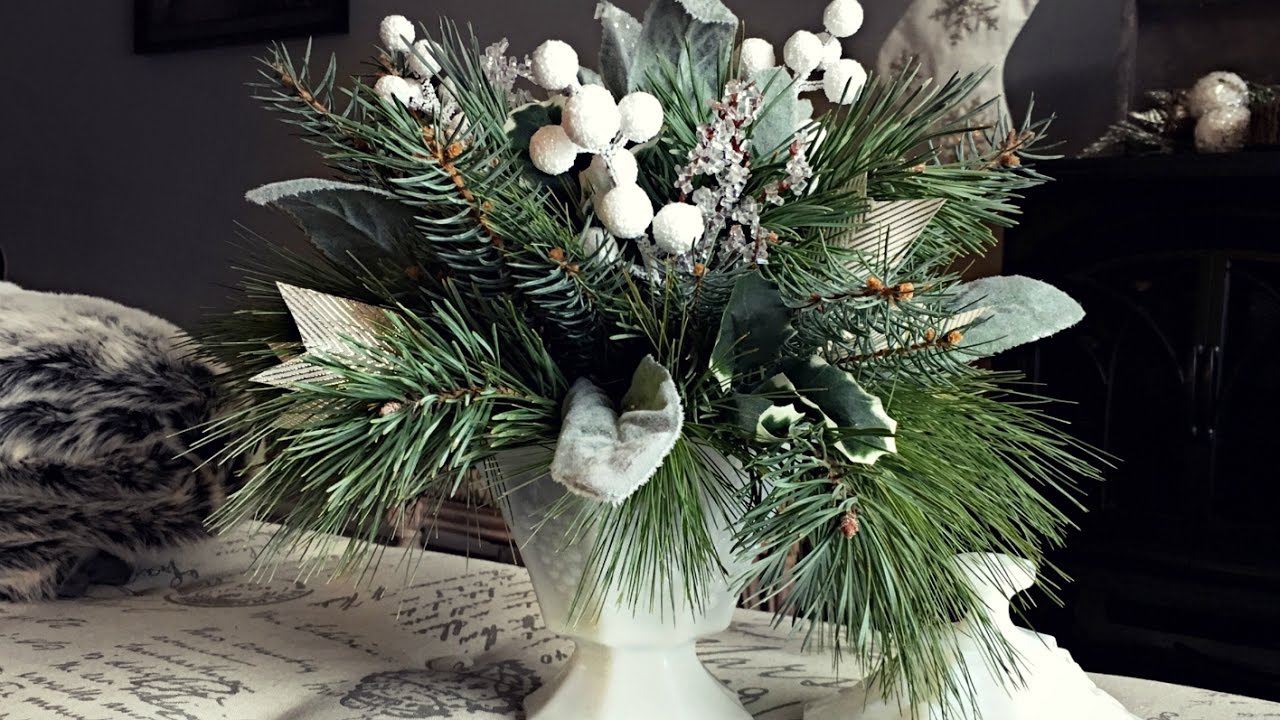 White & Gold Pine Christmas Centerpiece - Pine Floral Arrangement - Christmas Decorating