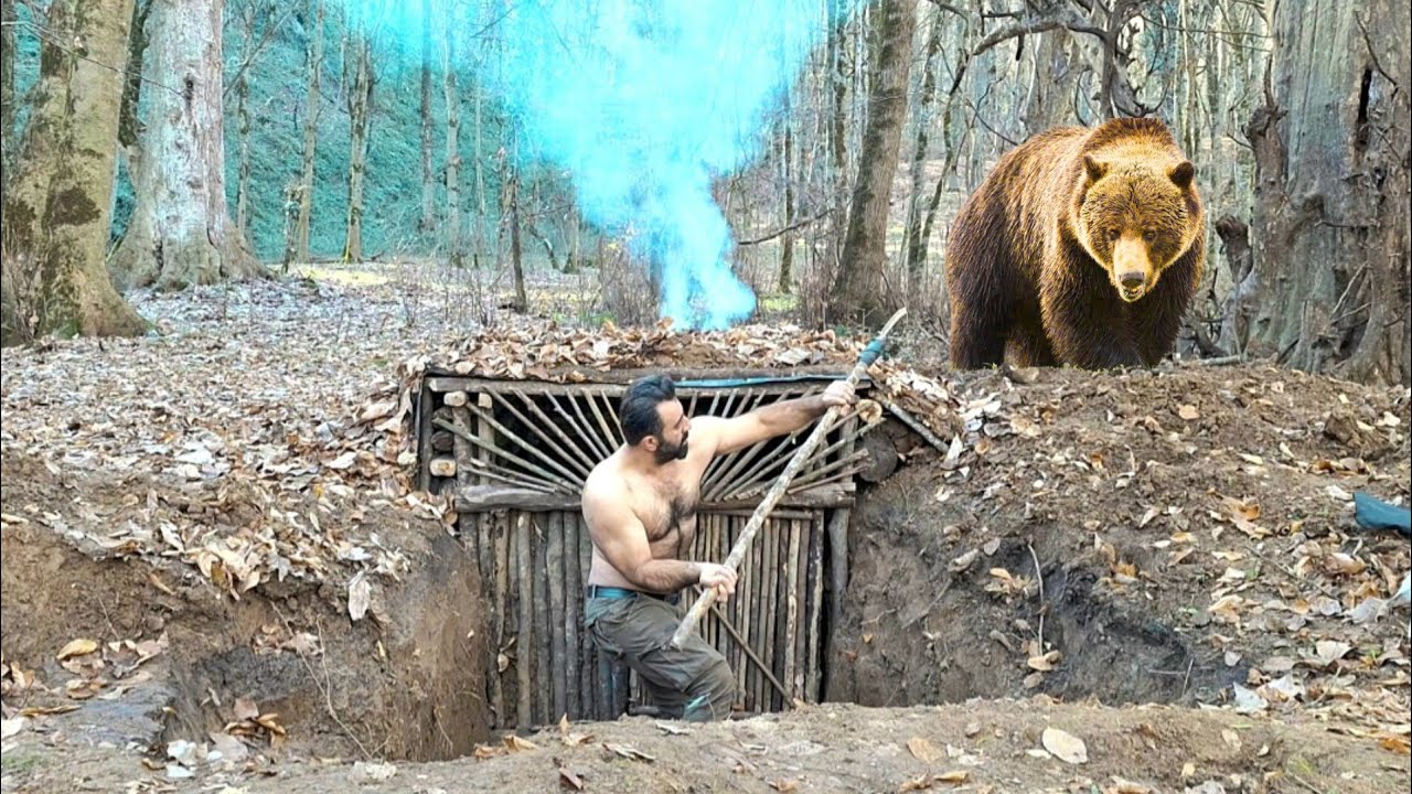 Escape from the brown bear 🐻 /building a  secret shelter deep the earth /scary night forest /cooking