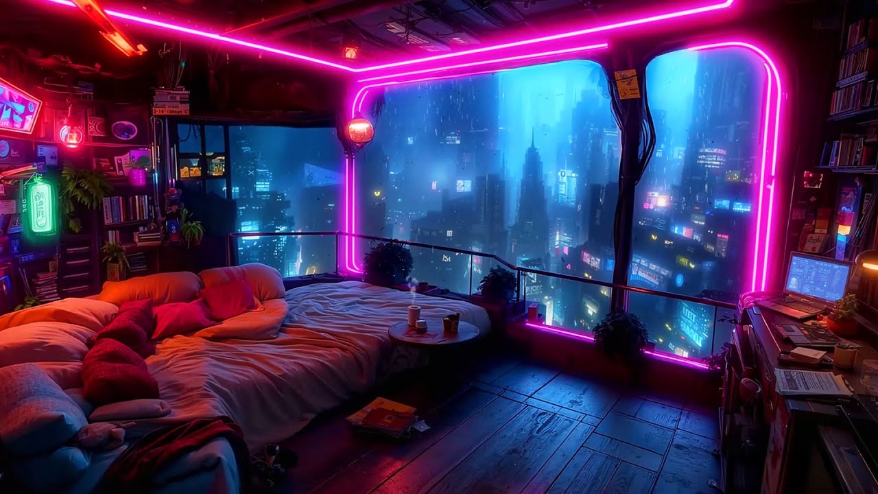 🎵 Rainy Day Study in Pink Neon Room: Coffee & Laptop | Ambience Music | 4K | 10 hrs