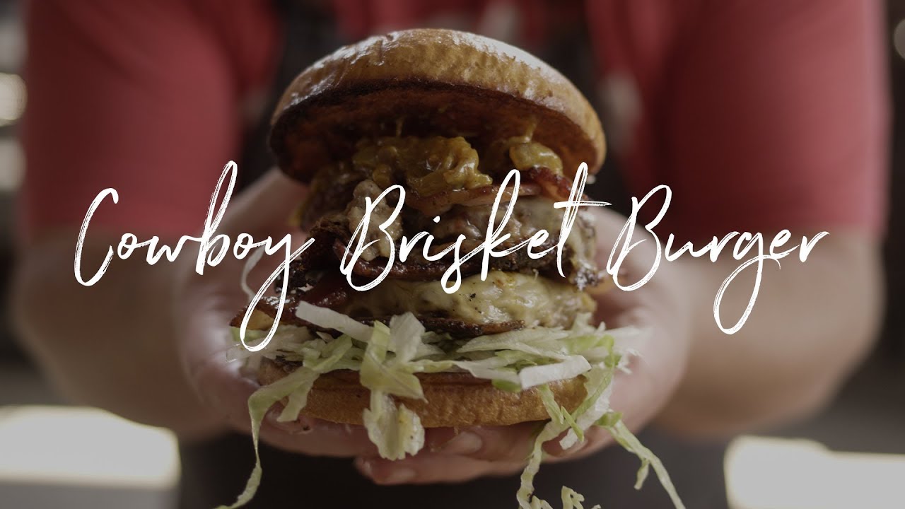 Cowboy Brisket Burger Recipe | Smoked Beef Patty with Onion Rings & BBQ Sauce