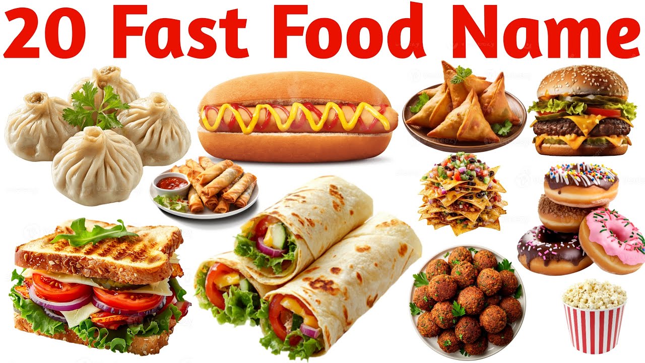 फास्ट फूड के नाम | 20 Fast Food Names for Kids | Learn Fast Foods in English with Pictures & Sounds