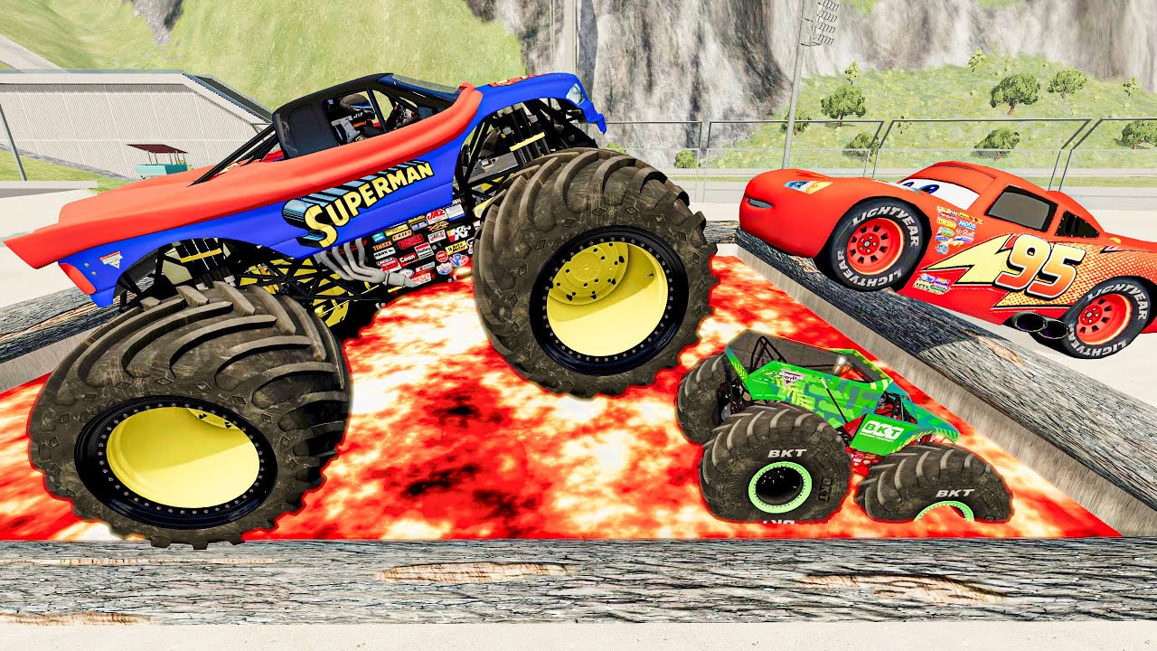 Lava Hammers and Giant Spinners - Cars Pickups Monster Trucks Jumps Crashes and Fire