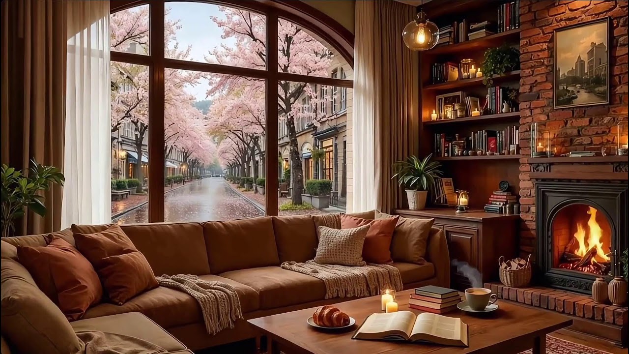 Quiet Rainy Café Ambience | Soft Jazz Piano & Fireplace Sounds for Study, Work & Relax