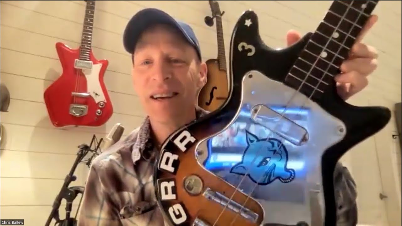 Chris Ballew from THE PRESIDENTS showing off his 2 string bass and the iconic 'Kitty'
