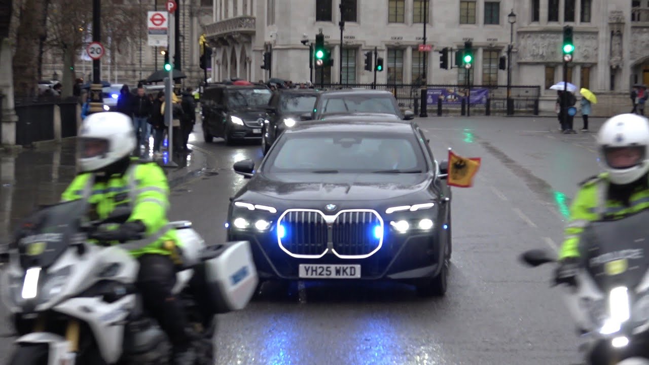 The German President motorcade arriving at Westminster abbey and the  House of Commons.