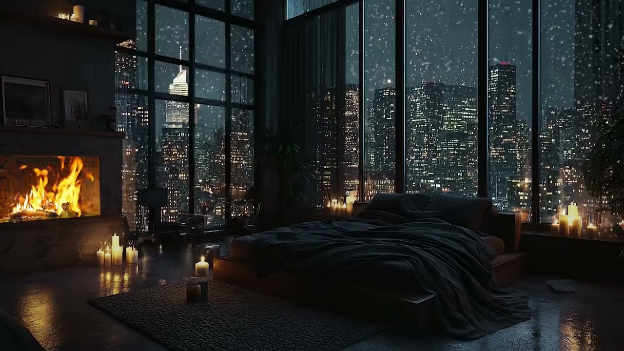 Rain on Window & Soft Piano by the Fire 🎹🔥 Peaceful Winter Night Ambience (4K)