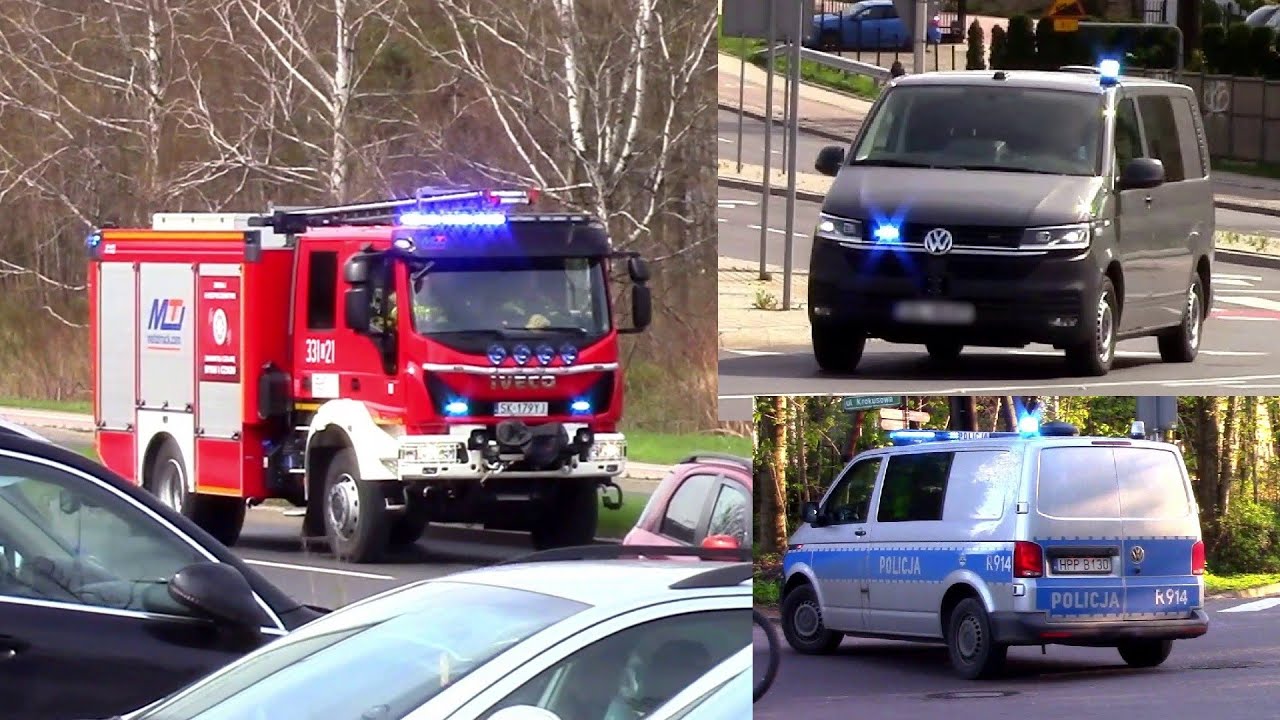 Alarmowo 331[S]21 GBA Iveco oraz 2 radiowozy (w tym nieoznakowany VW Transporter T6.1)