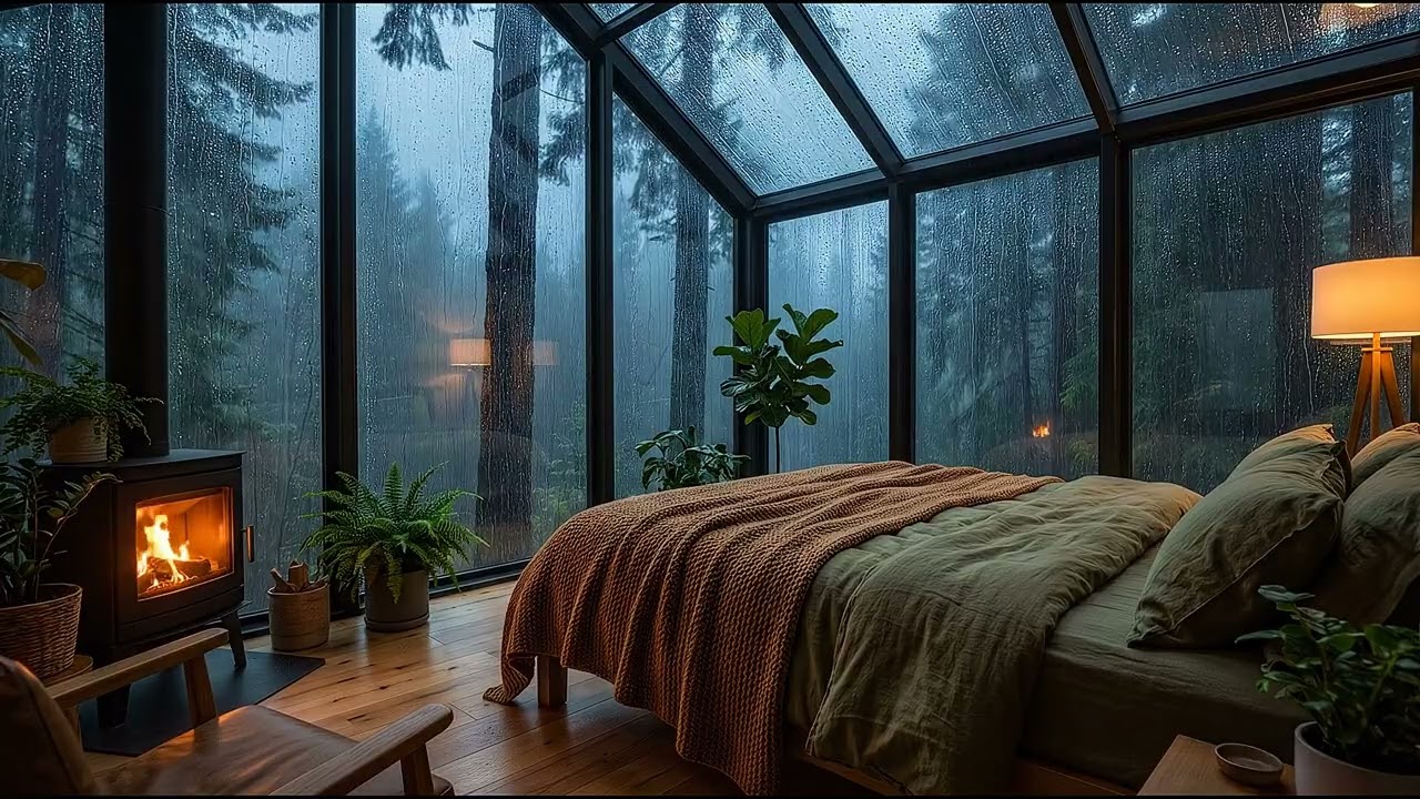 Rainy Glass Cabin Bedroom with Fireplace 🌧️🔥 Relaxing Rain Sounds for Deep Sleep 4K