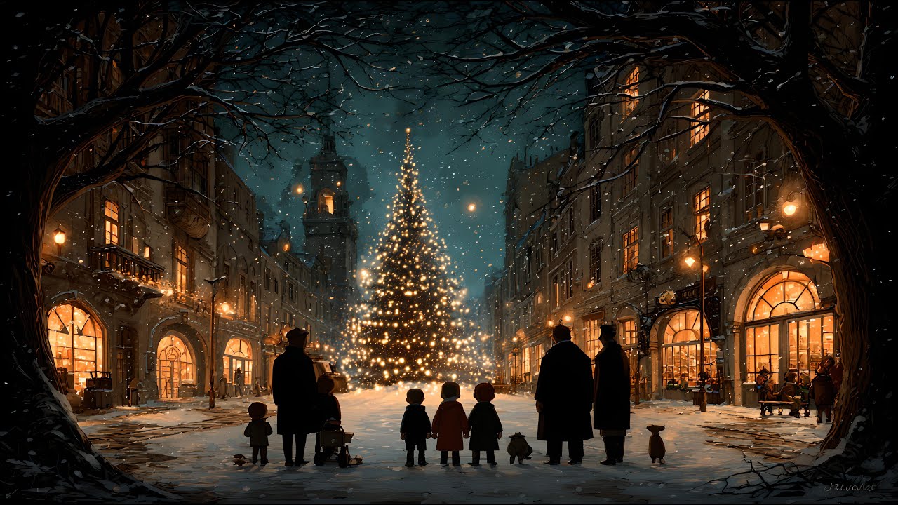 Glimmering tree lights on a snowy square | the magic of Christmas evenings returns