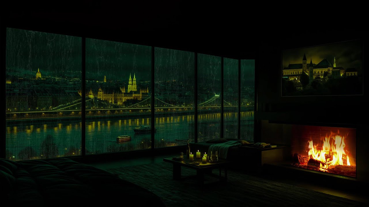 Rain Sounds on the Window in a Dark Bedroom (No Ads)🔥 Cozy Fireplace Ambience for Sleep & Meditation