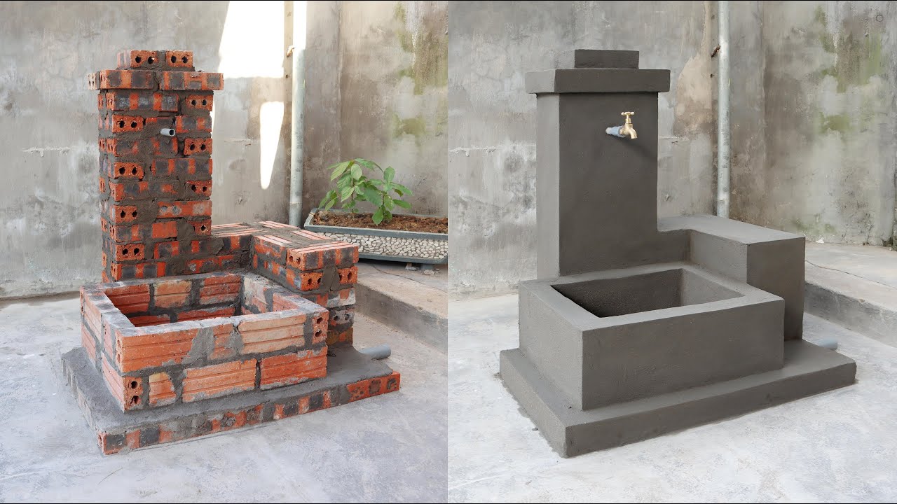 Garden ideas \ Build a fountain from bricks + cement \ DIYスタンディング蛇口