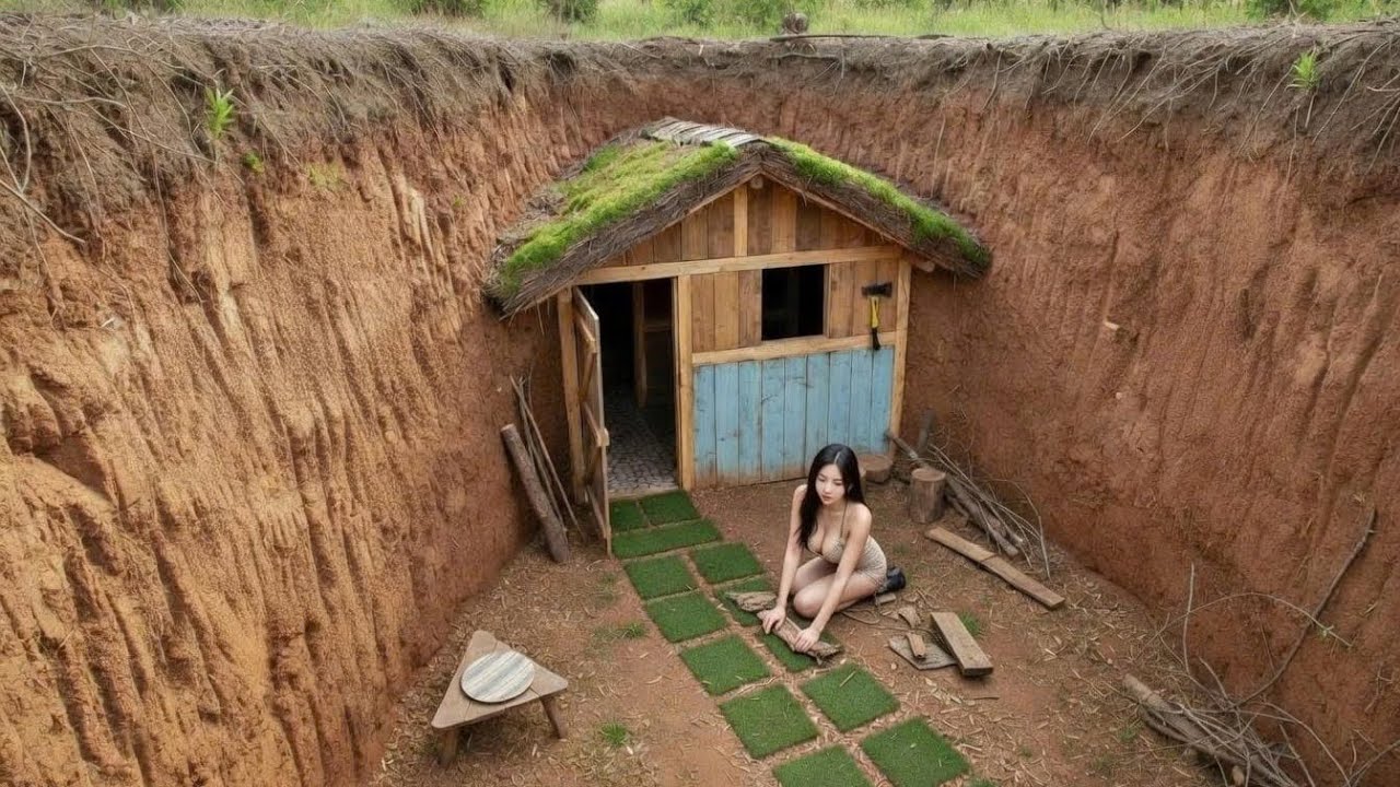 A girl alone, building an underground shelter in a pit from start to finish (ASMR).