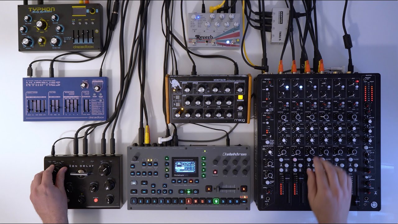 Hustle jam with the Octatrack, Model One, Nymphes, Typhon, Minitaur, Zen Delay, Empress Reverb
