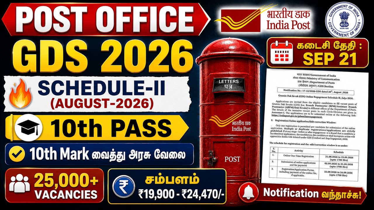Post Office GDS Recruitment 2026 🔥 | 25,000+ Vacancies | 10th Pass | Last Date Sep 21 | Tamil