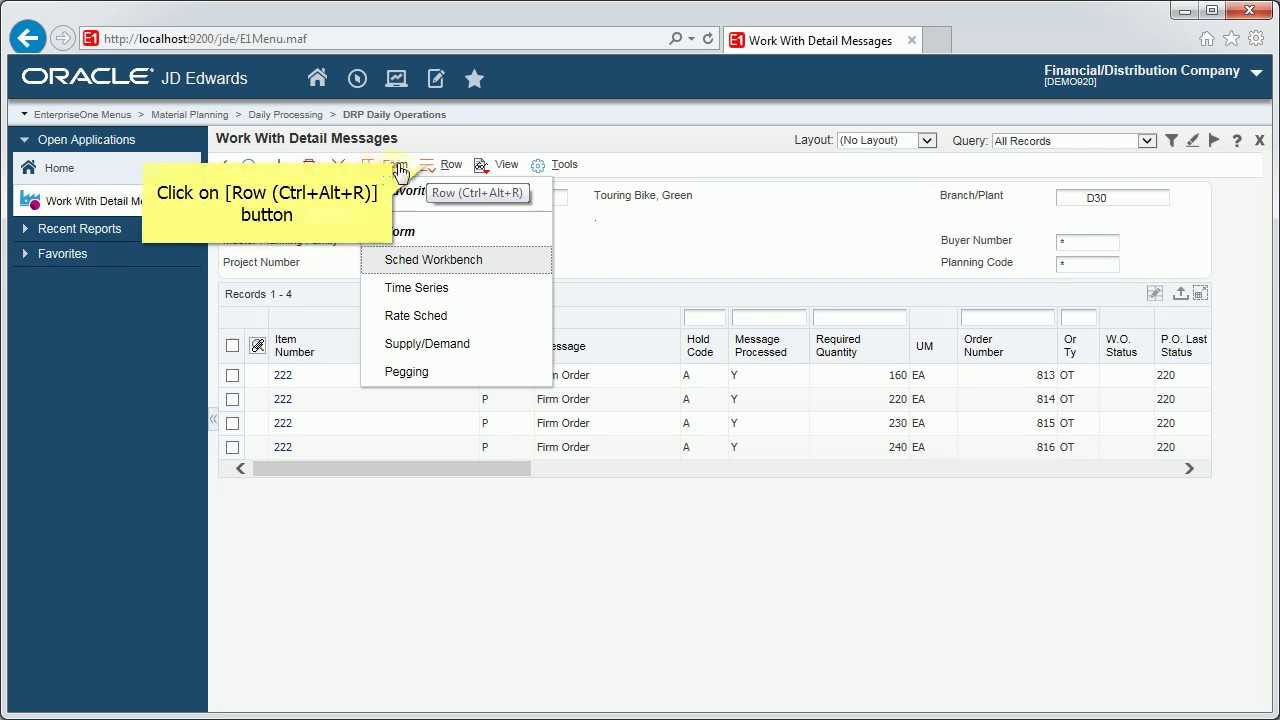Accessing Detail Message Review - JDE E1 92 - Requirements Planning