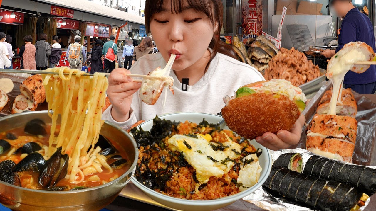 Рекомендую попробовать эту уличную еду на рынке Тондэмун🍜Сырный хот-батончик, Салатный хлеб, лапша