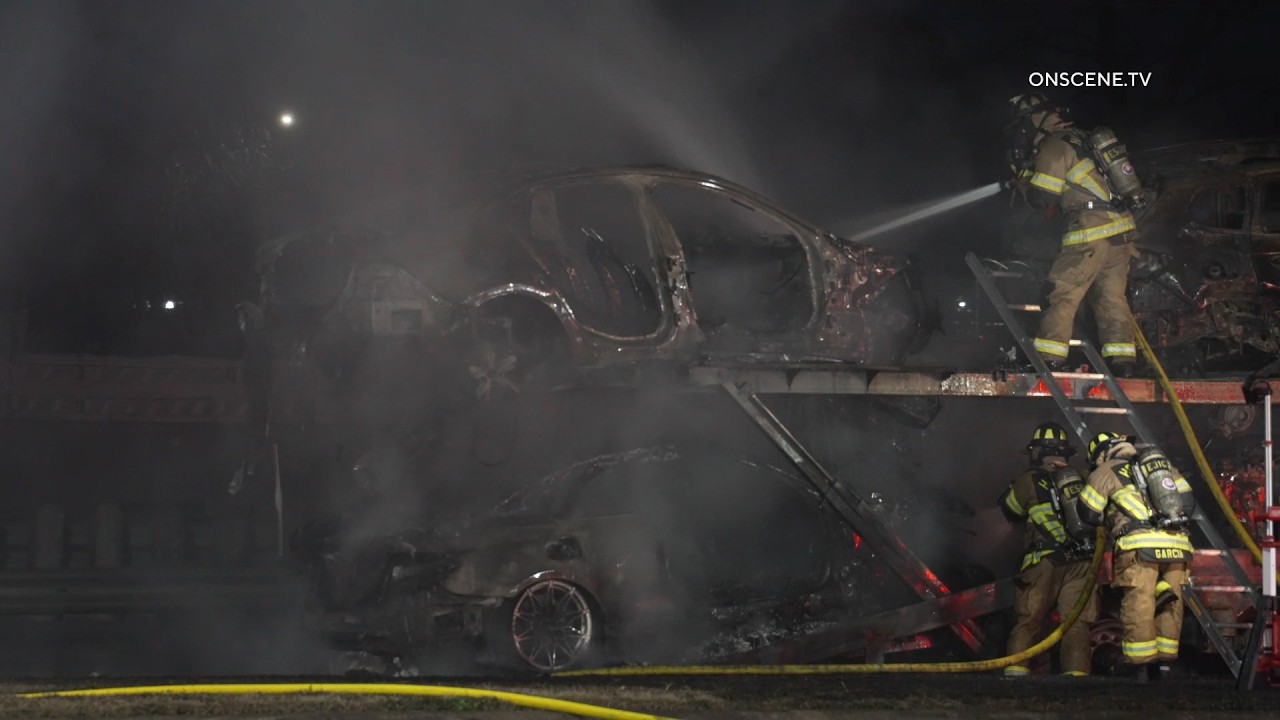 Multiple Vehicles Catch Fire on Car Carrier Near North Freeway in Houston