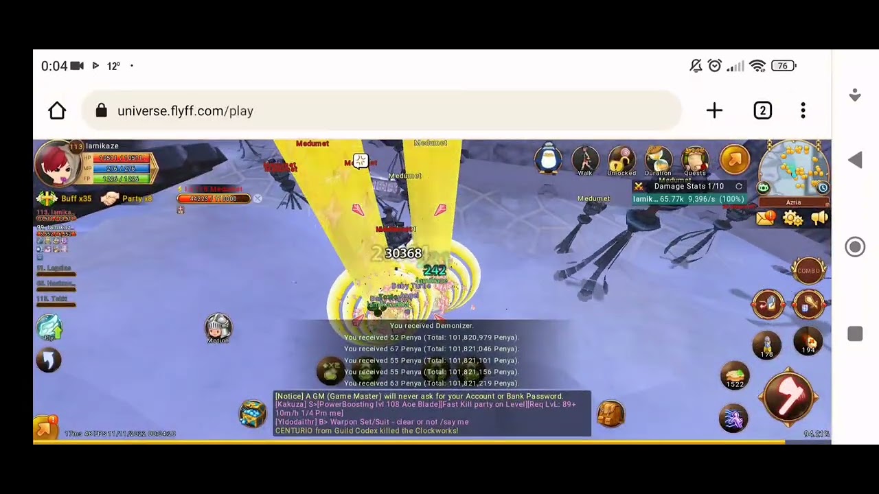 Flyff Universe : Dual Mobile Account 113lvl 1v1 Knight vs 118 lvl Medumets [sweet spot]