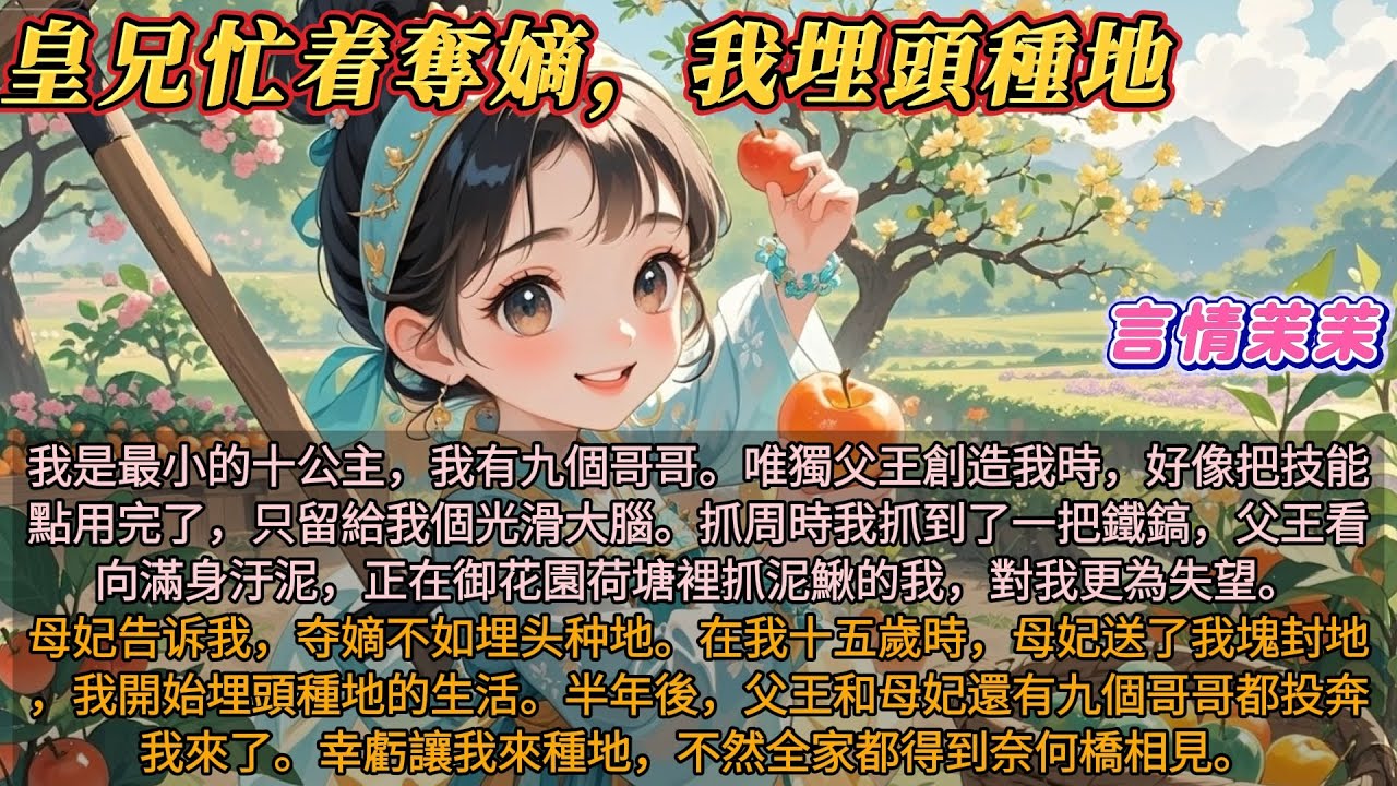 《皇兄忙着奪嫡我埋頭種地》我是最小的十公主，唯獨父王創造我時，好像把技能點用完了，只留給我個光滑大腦。抓周時我抓到了一把鐵鎬，父王看向滿身汙泥，正在御花園荷塘裡抓泥鰍的我，對我更為失望。