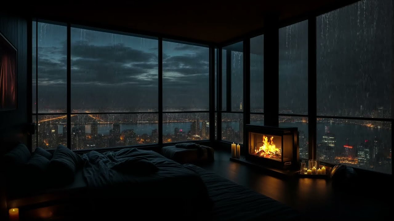 Cozy City Rain ┇ Fireplace Crackle, Soft Rain & Sleep-Inducing Ambience