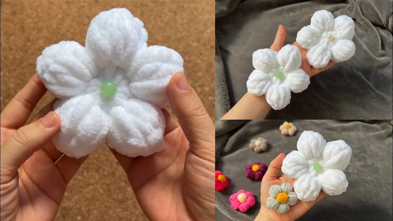 Crochet Puff Flower 🌸 Móc bông hoa 5 cánh to bằng len nhung