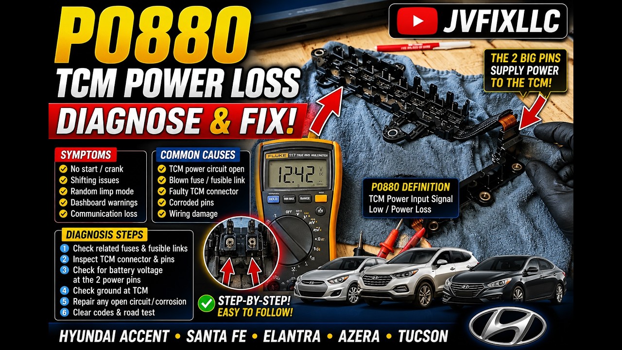 How to diagnose and fix code P0880-TCM power loss on Huyndai Accent, Santa fe, Elantra, Azera,Tucson