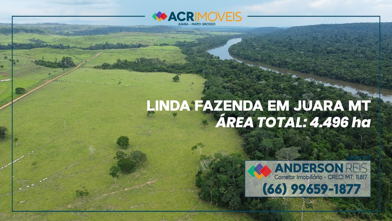 Fazenda a venda em Juara MT. Área total: 4.496 ha. Localizada às margens de um lindo Rio