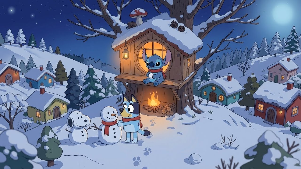 Stitch & Bluey Snowy Treehouse Night ❄️ Warm Lofi Beats for Cozy Evenings 💫 Winter Fairytale Village