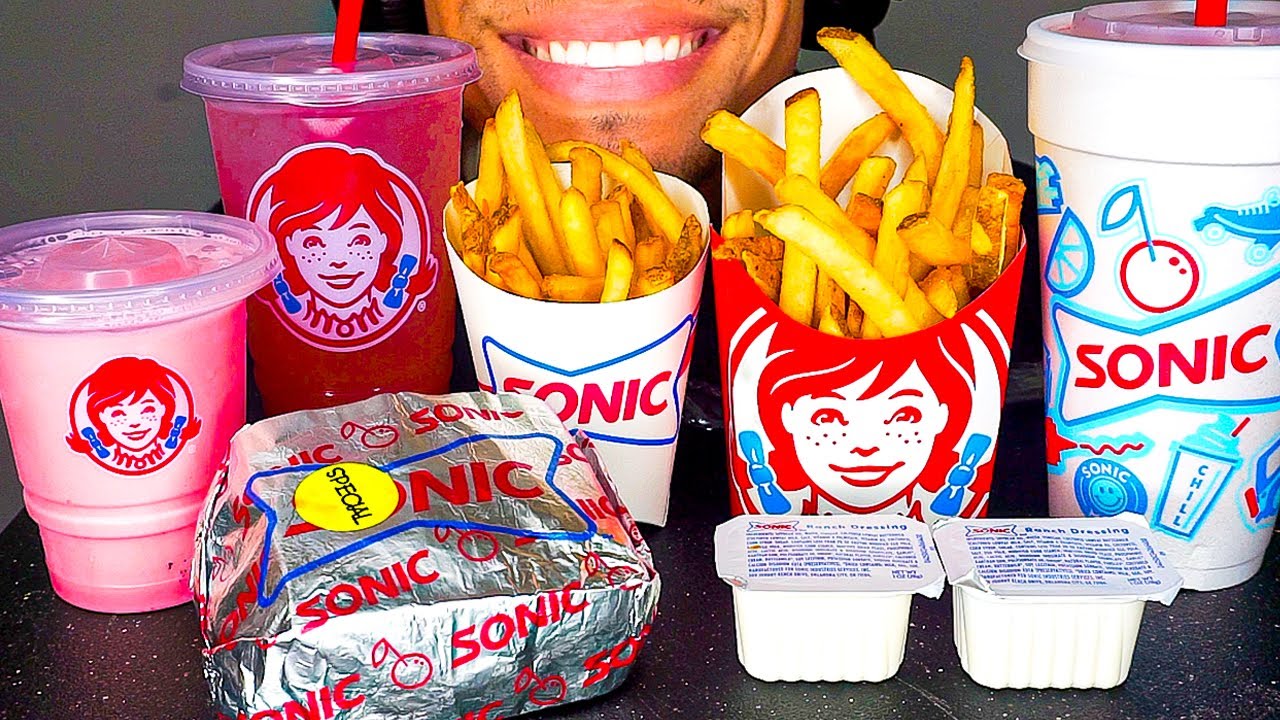 WENDY'S VS SONIC DRIVE IN MUKBANG | EATING CHEESEBURGER FRIES STRAWBERRY FROSTY BIG BITES SOUNDS