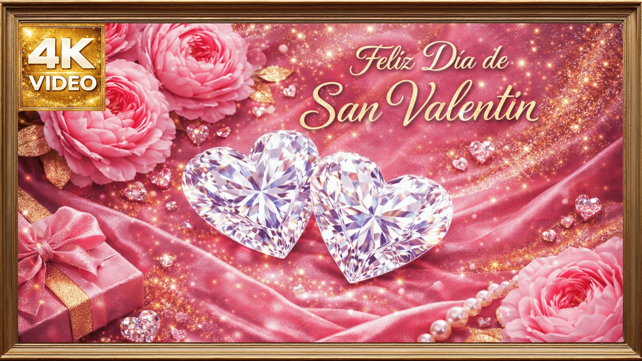 Feliz Día de San Valentín 4K | Corazones de Diamante y Rosas Rosa | Arte Romántico para TV