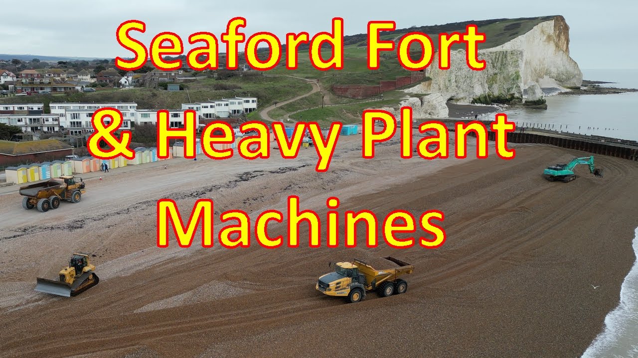 Seaford Martello Tower, excavators and hauler trucks by drone