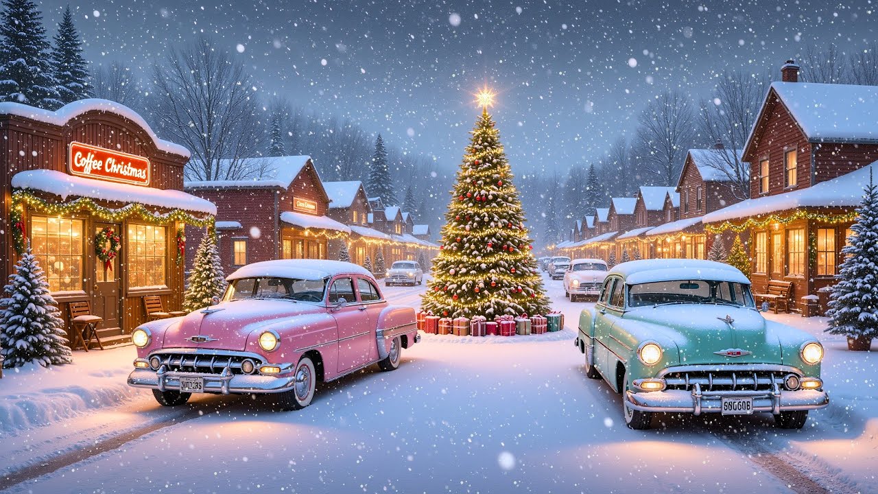 Cozy Winter Jazz Music | ❄️ 1950s Snowy Village & Christmas Coffee Shop | Relaxing Jazz Ambience