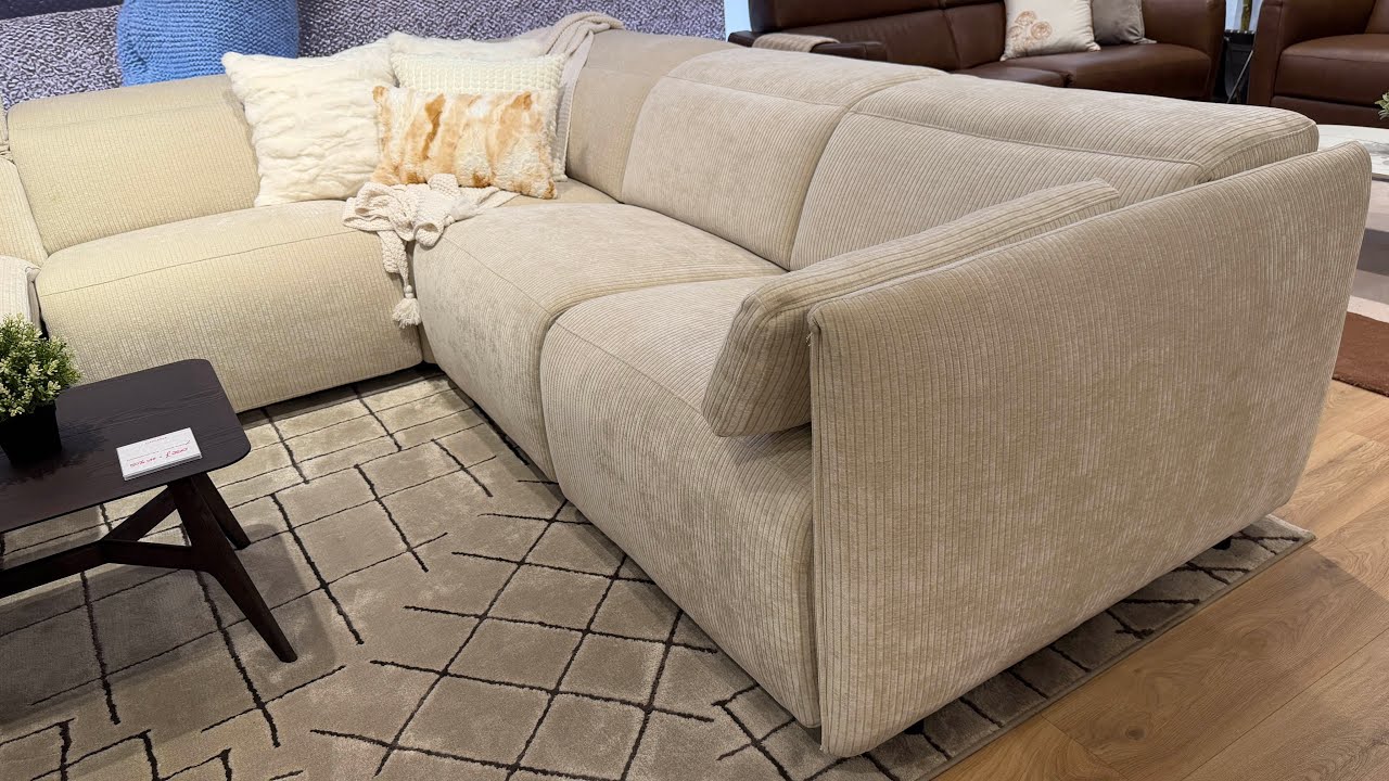 Volante Zero Gravity Fabric Corner Sofa, Beige Corduroy Stripe, Two Power Recliners